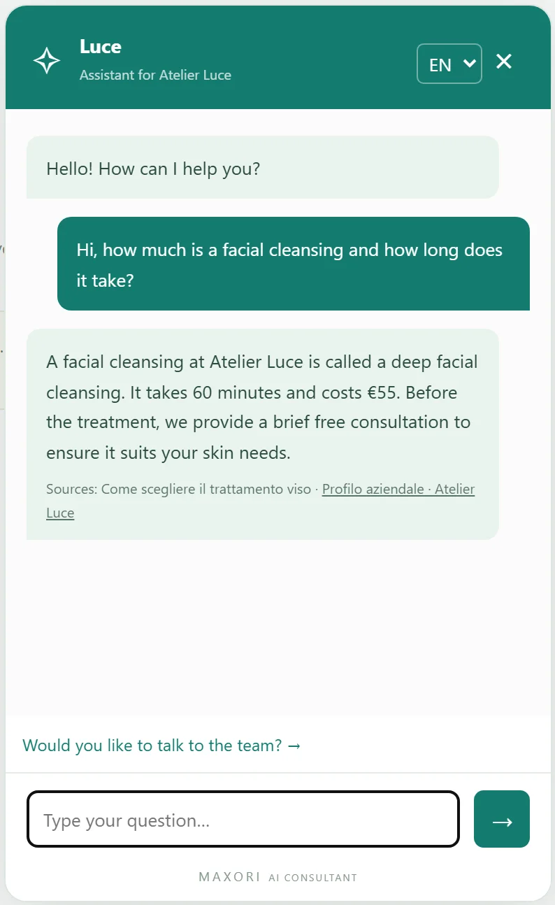 MAXORI AI Consultant on a website: the assistant of a demo beauty salon answers a visitor and shows the approved sources