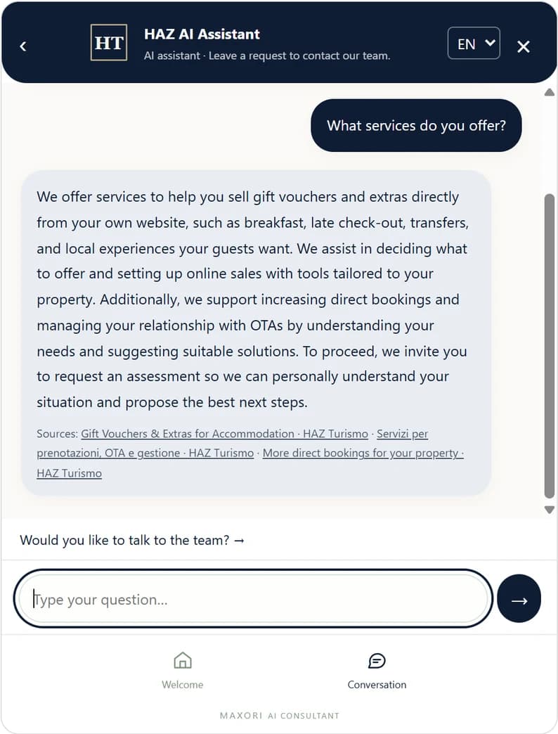 MAXORI AI Consultant on a website: the assistant of a demo beauty salon answers a visitor and shows the approved sources