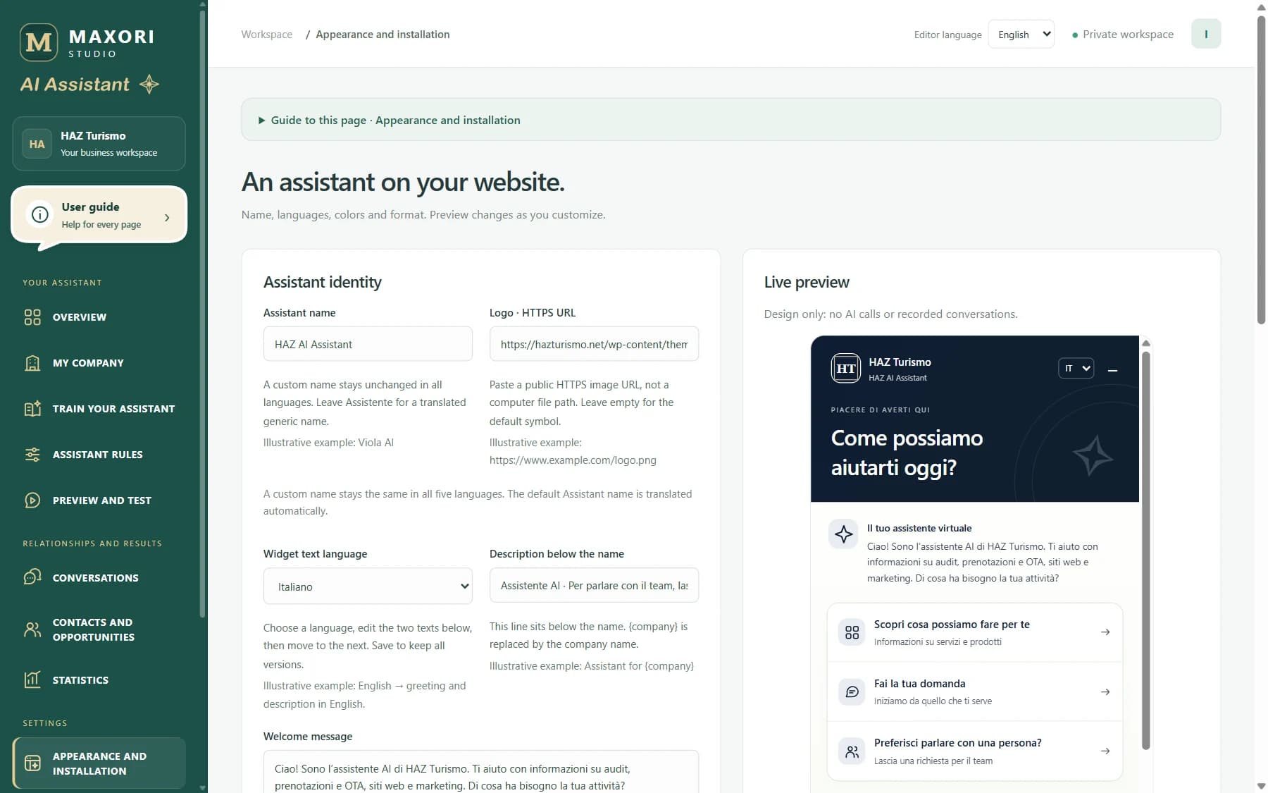 MAXORI AI Consultant on a website: the assistant of a demo beauty salon answers a visitor and shows the approved sources