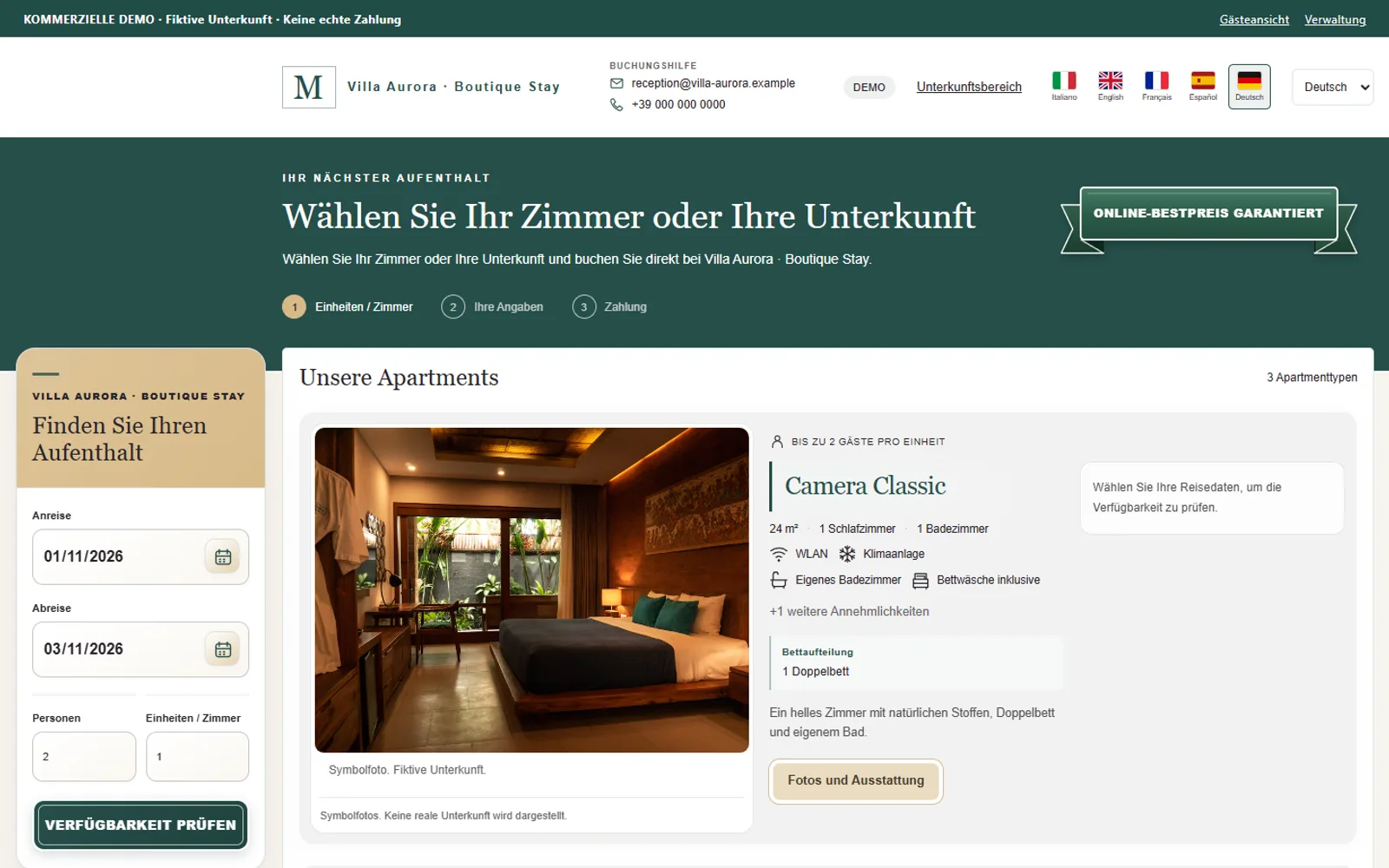 Gästeseite der MAXORI Booking Engine: Datumssuche und Zimmerauswahl (Demo-Unterkunft)