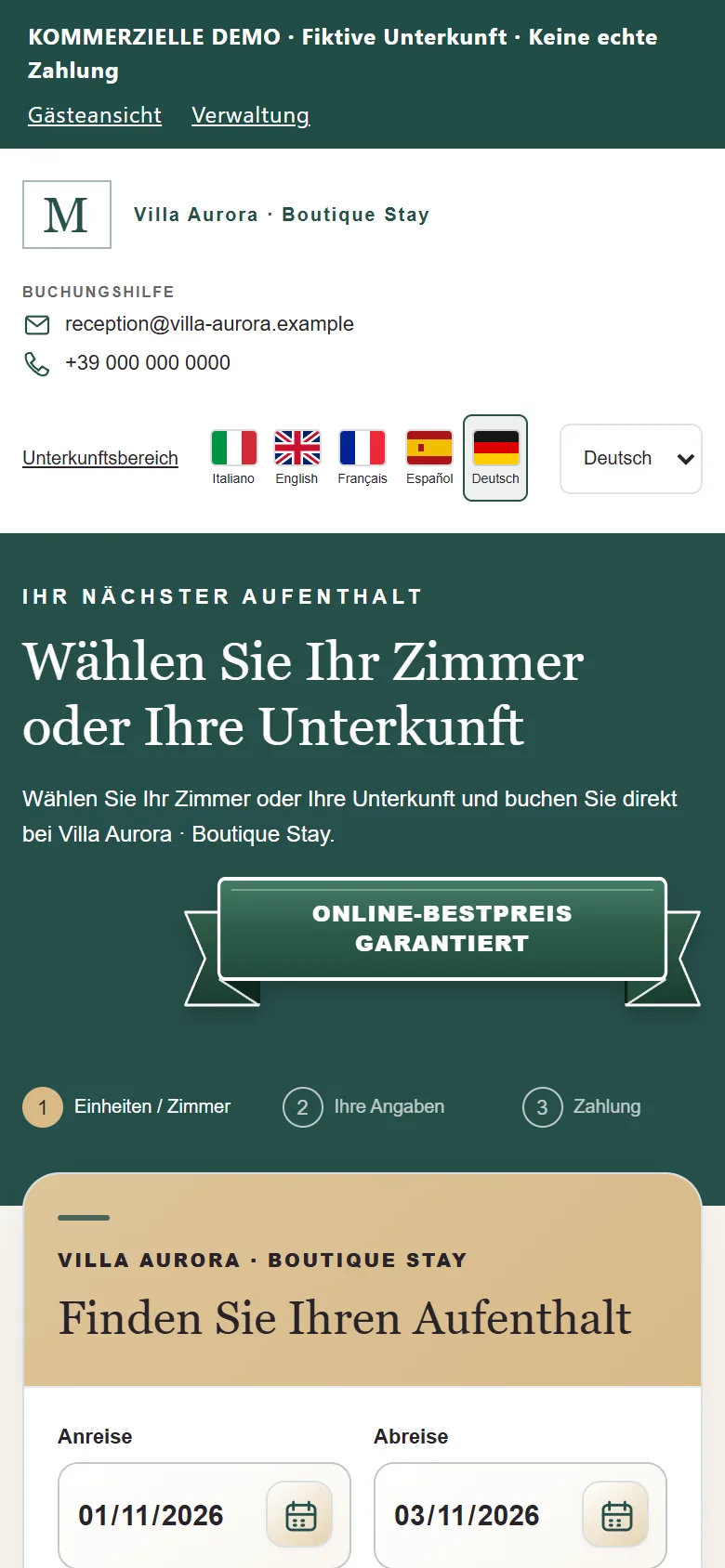 MAXORI Booking Engine auf dem Smartphone (Demo-Unterkunft)
