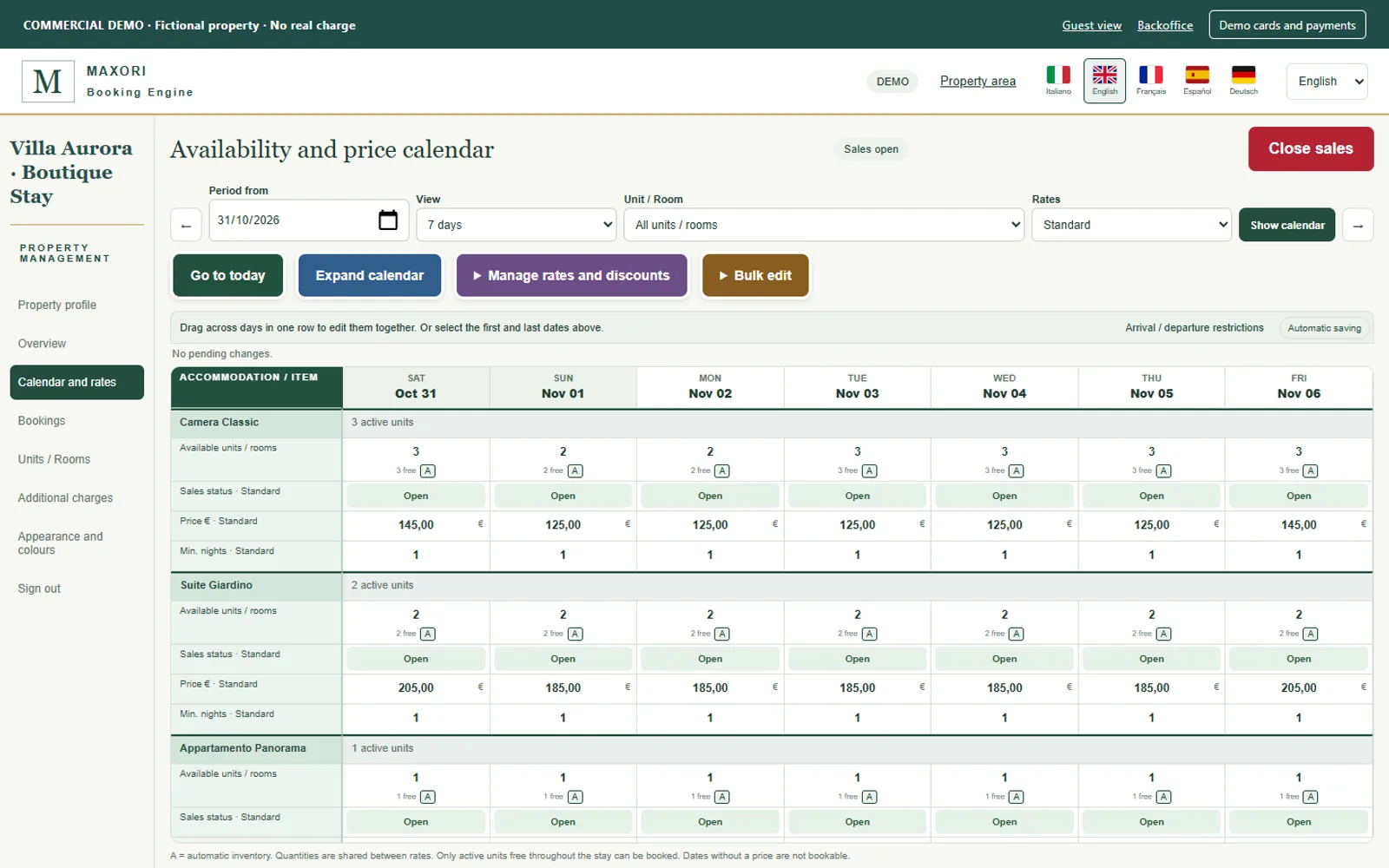 MAXORI Booking Engine back office: availability and price calendar (demo property)