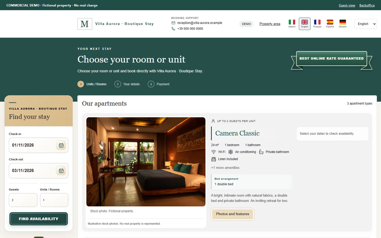 MAXORI Booking Engine guest page: dates search and room selection (demo property)