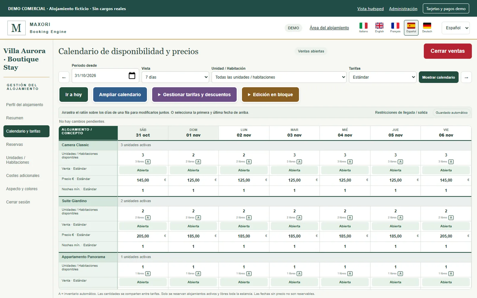 Backoffice de MAXORI Booking Engine: calendario de disponibilidad y precios (alojamiento de demostración)