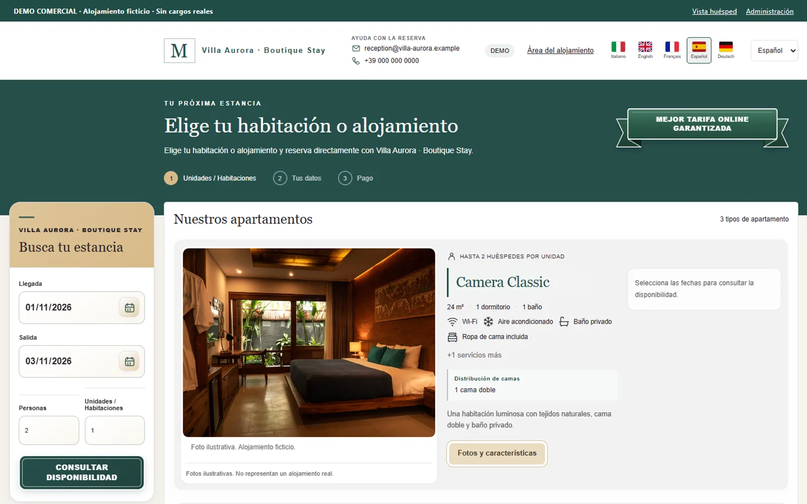 Página del huésped de MAXORI Booking Engine: búsqueda de fechas y elección de habitación (alojamiento de demostración)
