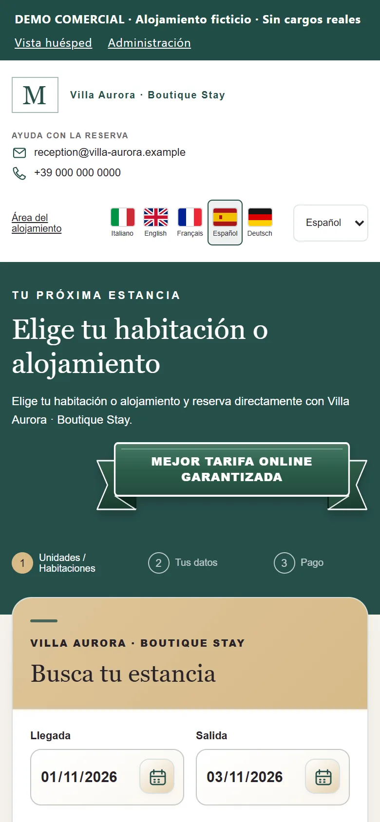 MAXORI Booking Engine en el móvil (alojamiento de demostración)