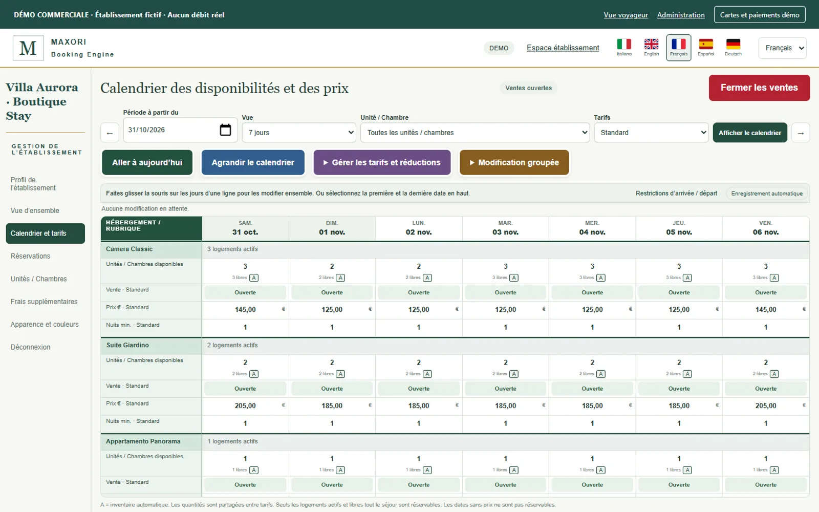 Back-office de MAXORI Booking Engine : calendrier des disponibilités et des prix (établissement de démonstration)