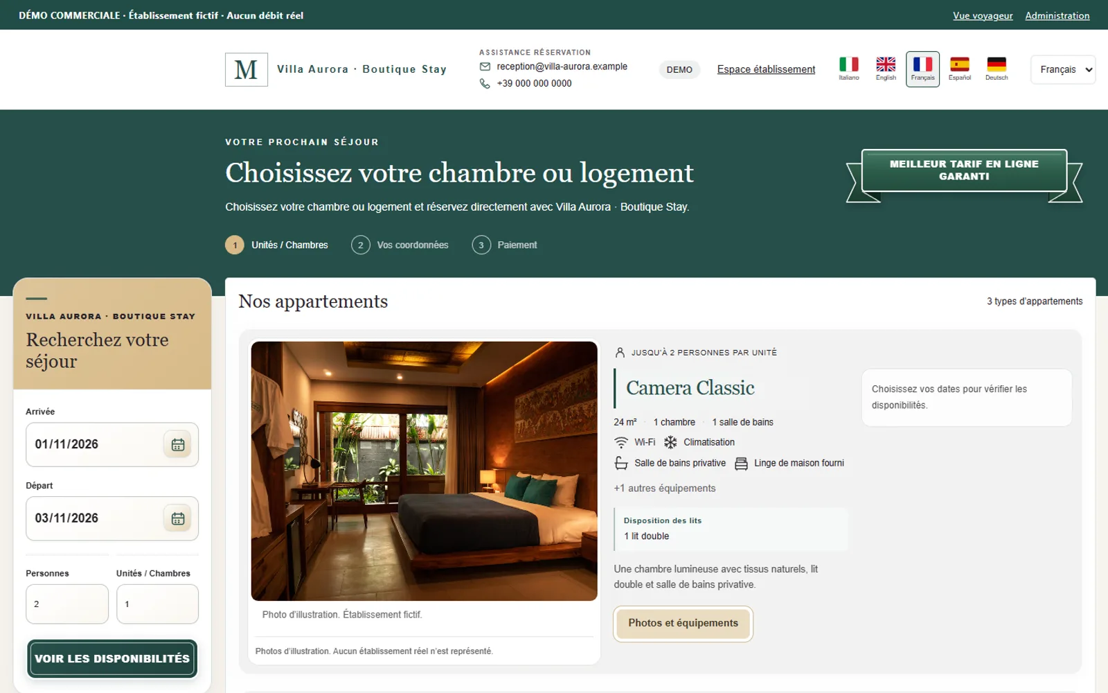 Page client de MAXORI Booking Engine : recherche de dates et choix de la chambre (établissement de démonstration)