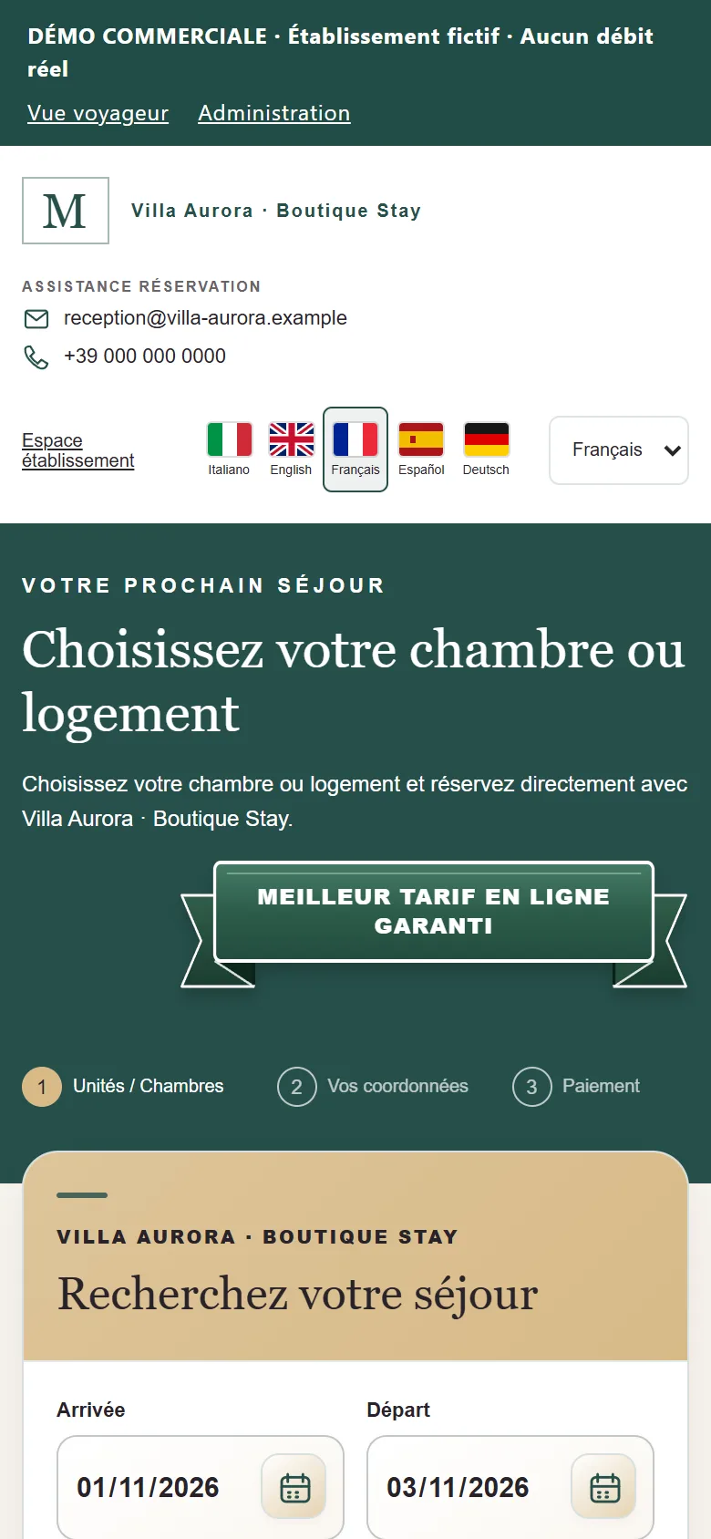 MAXORI Booking Engine sur smartphone (établissement de démonstration)