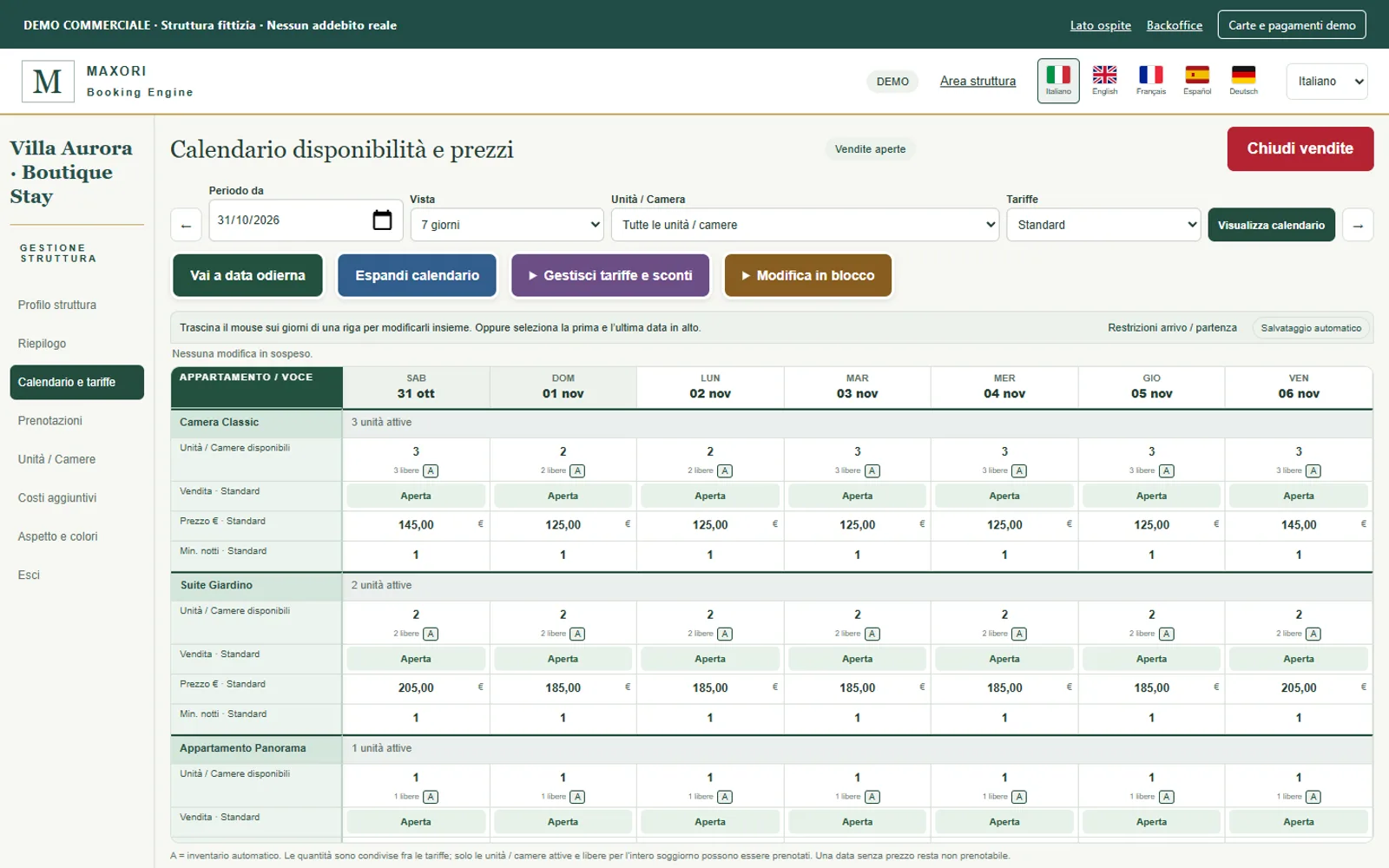 Backoffice di MAXORI Booking Engine: calendario di disponibilità e prezzi (struttura demo)