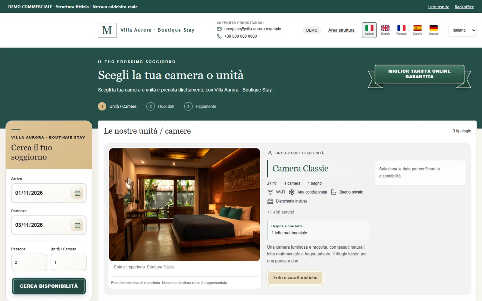 Pagina ospite di MAXORI Booking Engine: ricerca date e scelta della camera (struttura demo)