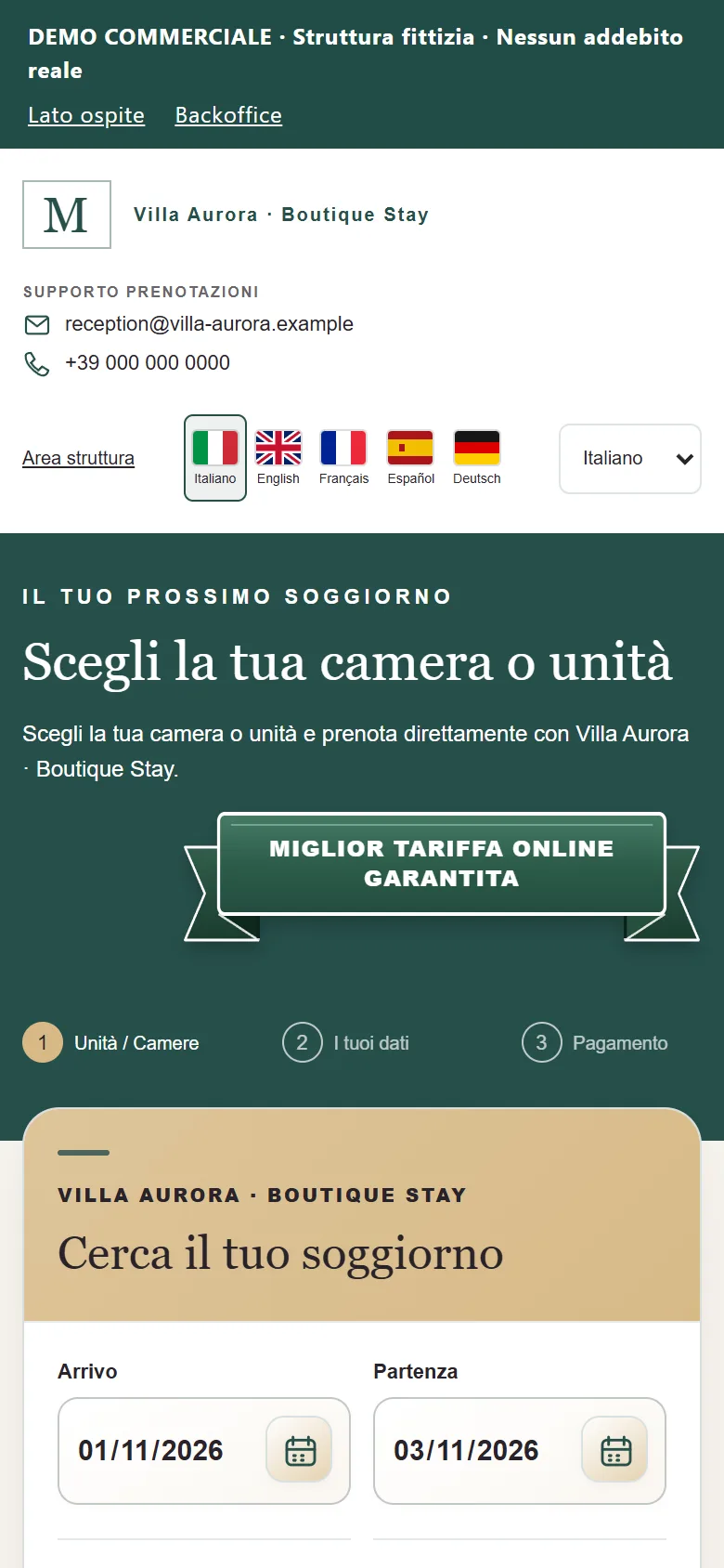 MAXORI Booking Engine su smartphone (struttura demo)