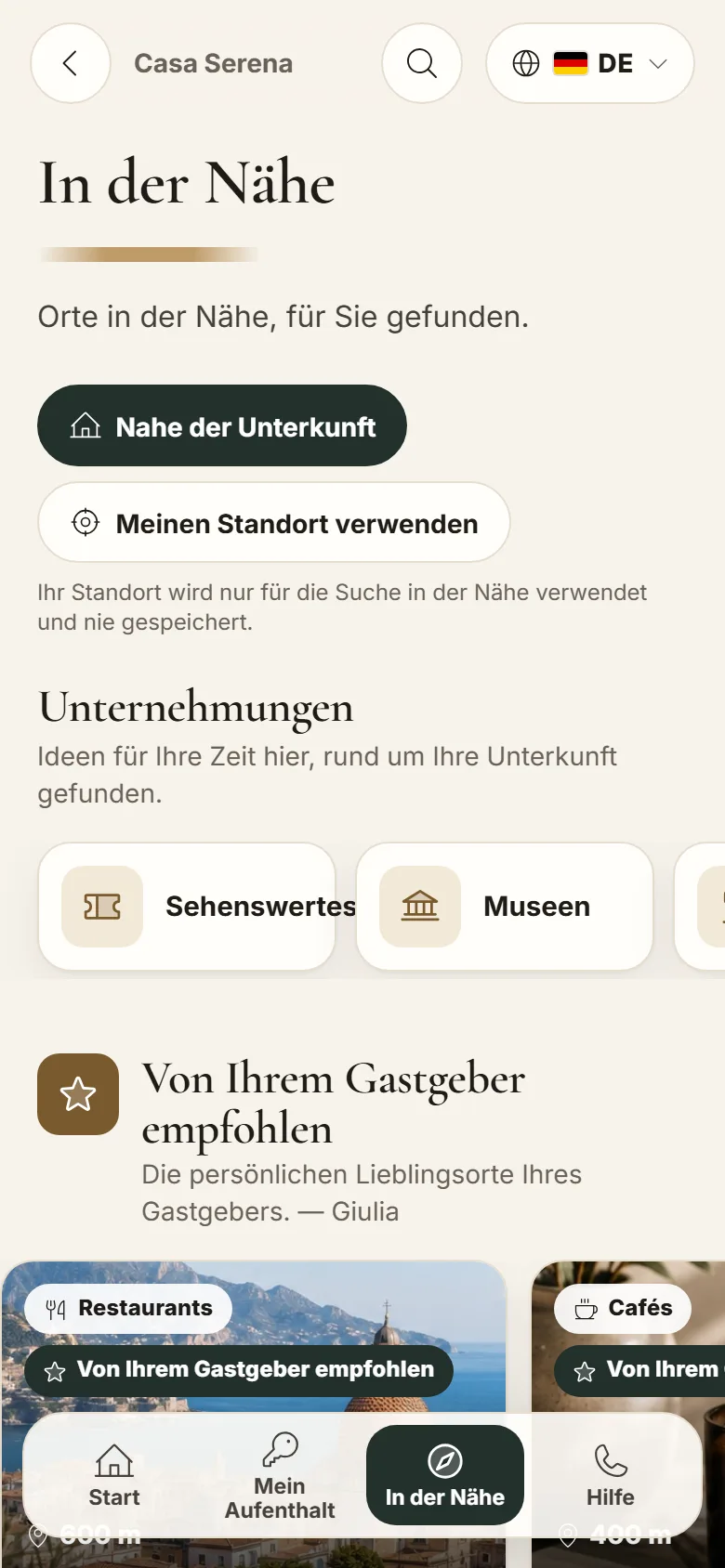 MAXORI Guest Guide auf dem Smartphone: In der Nähe, mit Empfehlungen des Gastgebers