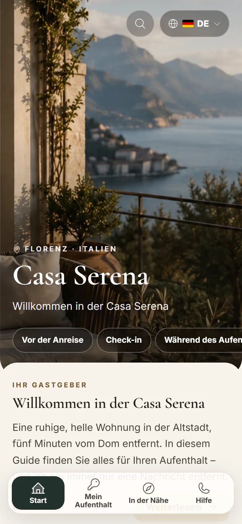 MAXORI Guest Guide auf dem Smartphone: Begrüßungsansicht einer Demo-Gästemappe mit den Phasen des Aufenthalts