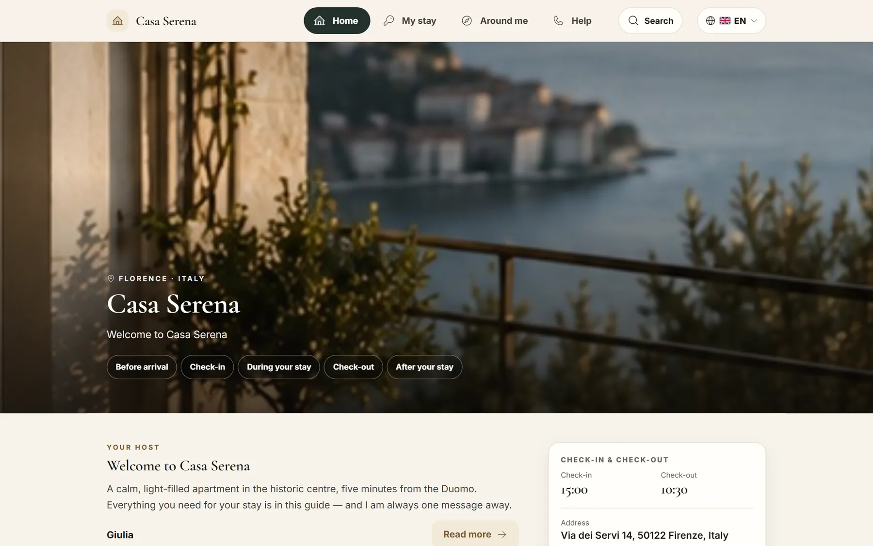 MAXORI Guest Guide on a computer: the guest's welcome page