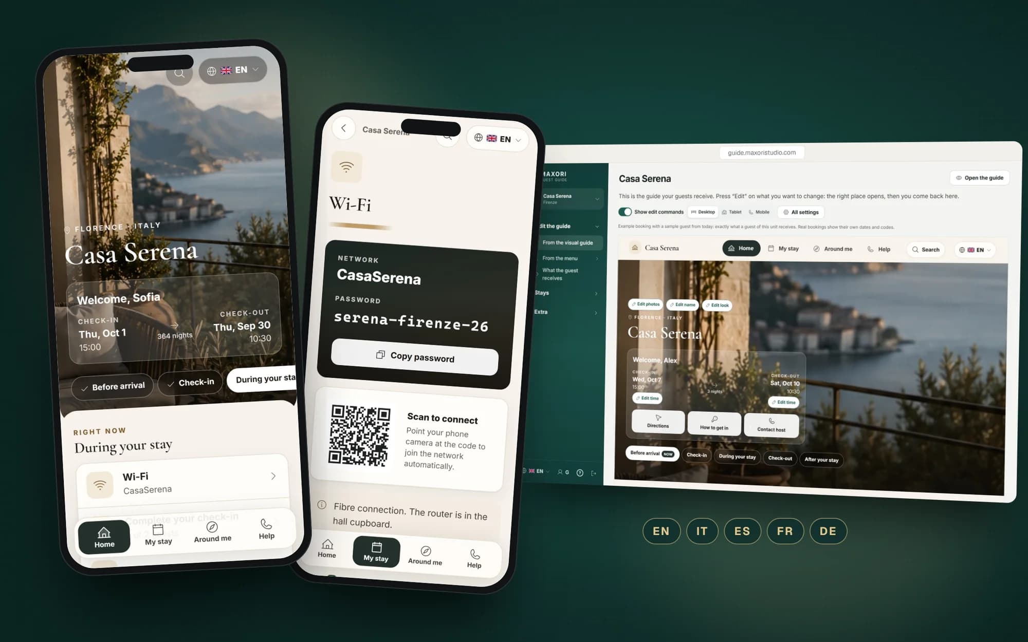 MAXORI Guest Guide on a phone: the welcome screen of a demo guide with the stages of the stay