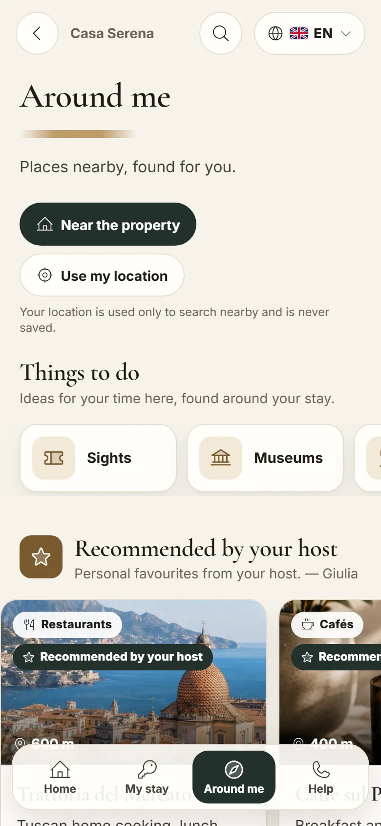 MAXORI Guest Guide on a phone: Around me with places recommended by the host