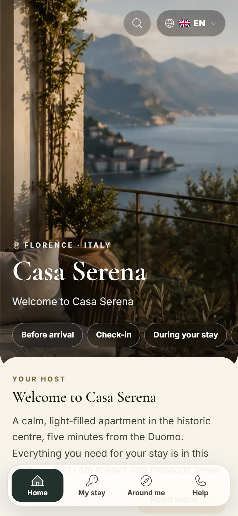 MAXORI Guest Guide on a phone: the welcome screen of a demo guide with the stages of the stay