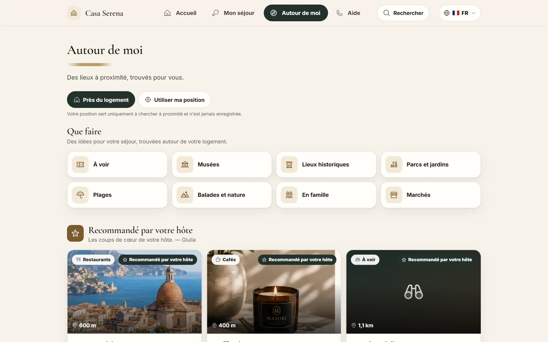 MAXORI Guest Guide sur ordinateur : Autour de moi avec des activités et les recommandations de l'hôte