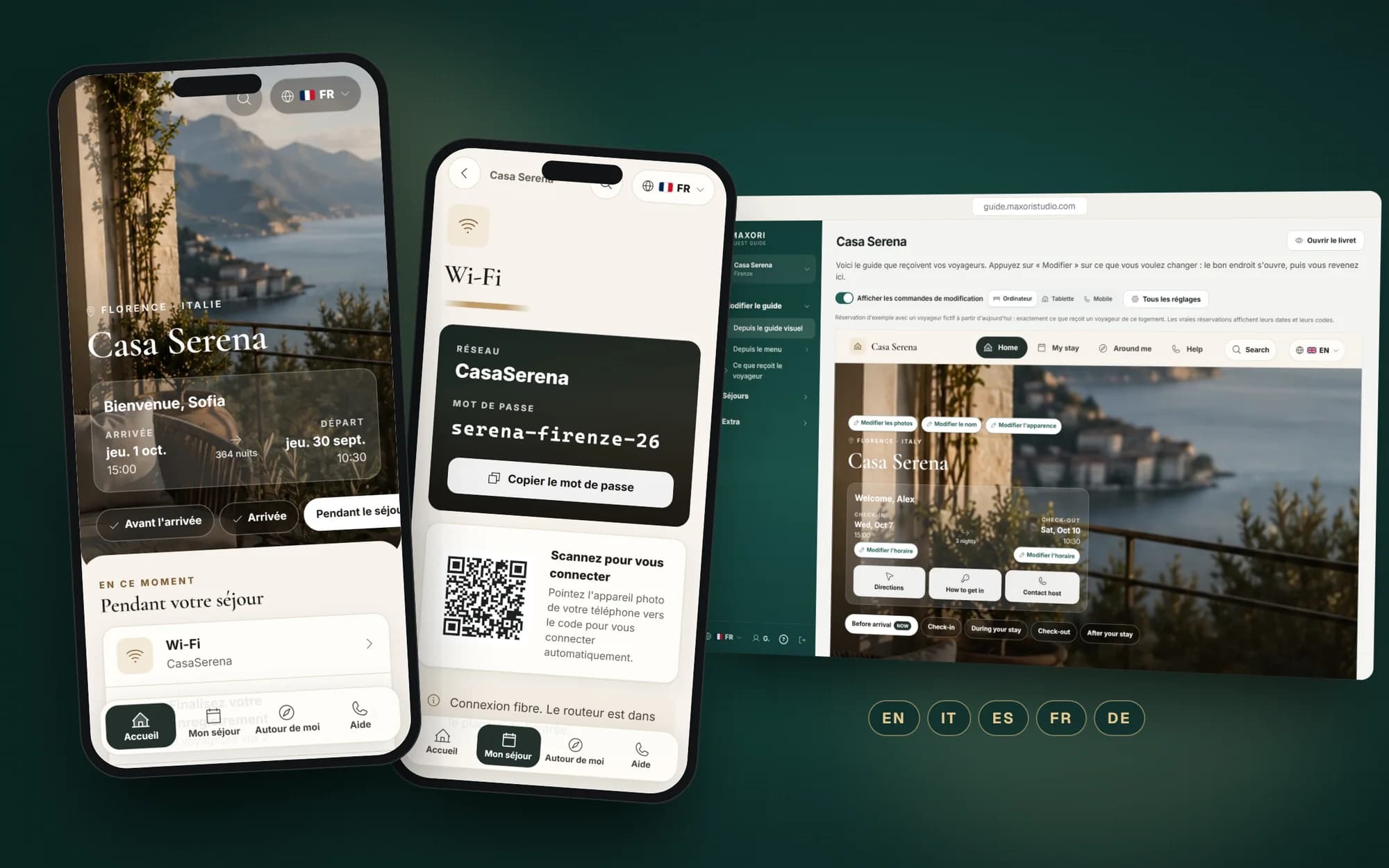 MAXORI Guest Guide sur mobile : l'écran d'accueil d'un livret de démonstration avec les étapes du séjour