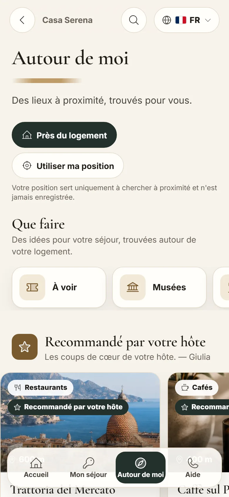 MAXORI Guest Guide sur mobile : Autour de moi, avec des adresses recommandées par l'hôte