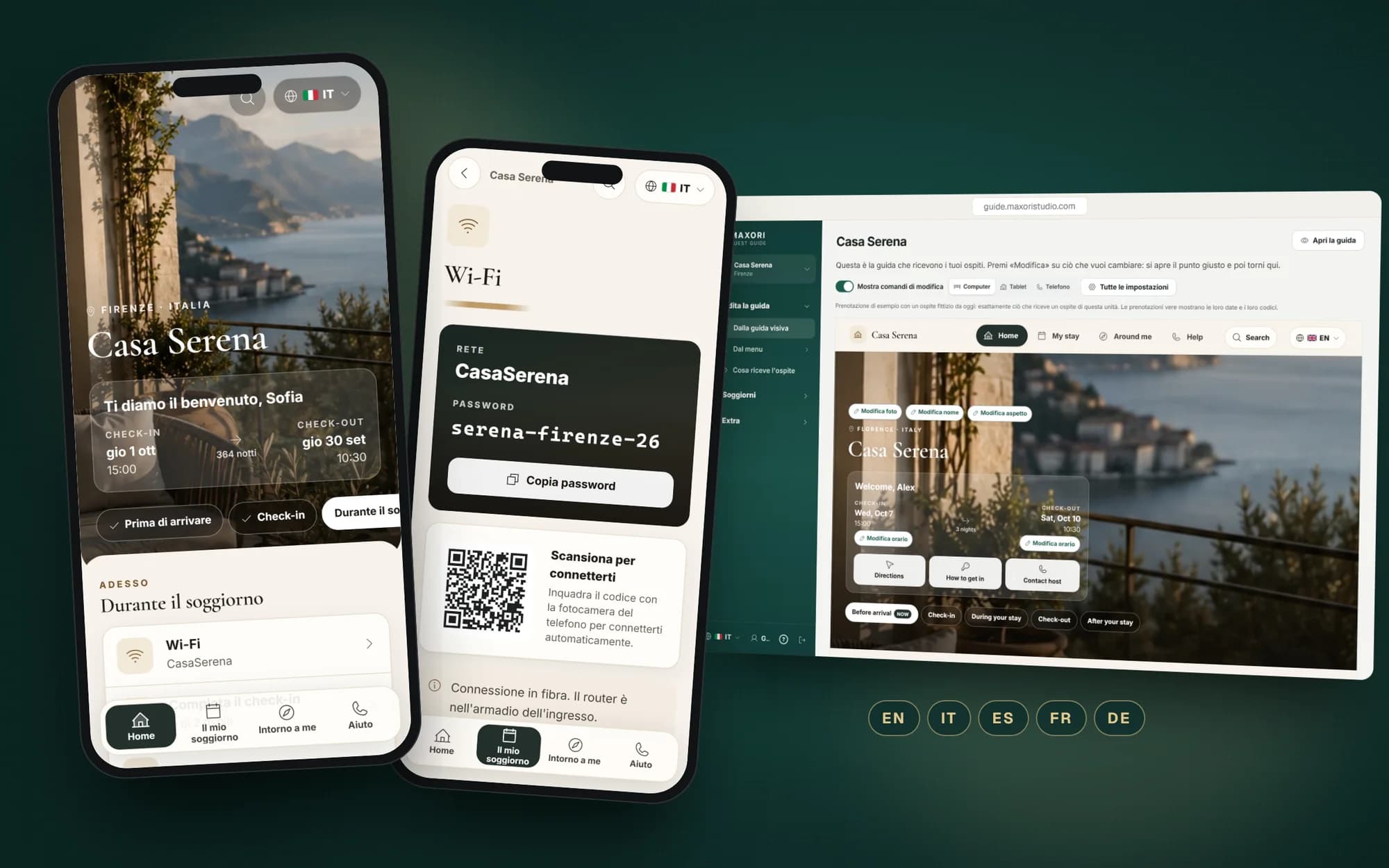 MAXORI Guest Guide su smartphone: la schermata di benvenuto di una guida demo con le fasi del soggiorno