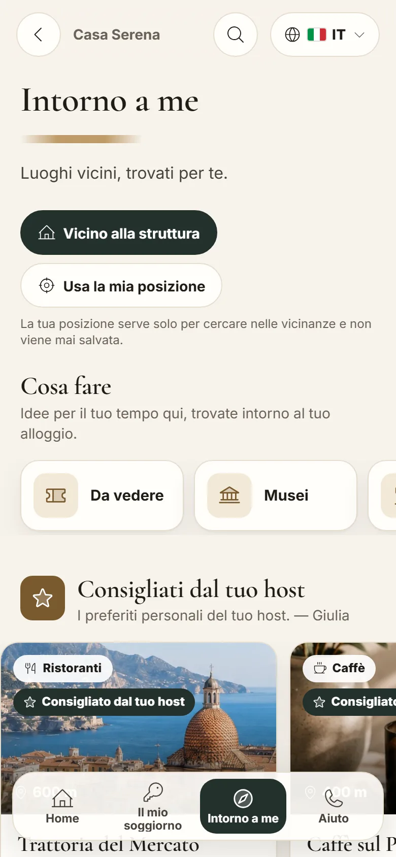 MAXORI Guest Guide su smartphone: Intorno a me con i luoghi consigliati dall'host