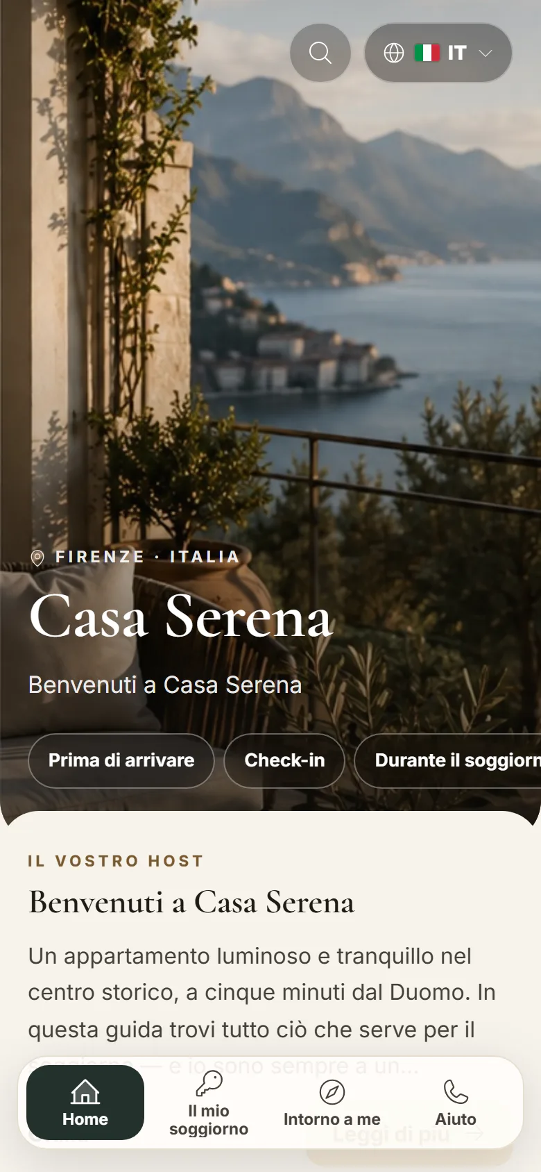 MAXORI Guest Guide su smartphone: la schermata di benvenuto di una guida demo con le fasi del soggiorno