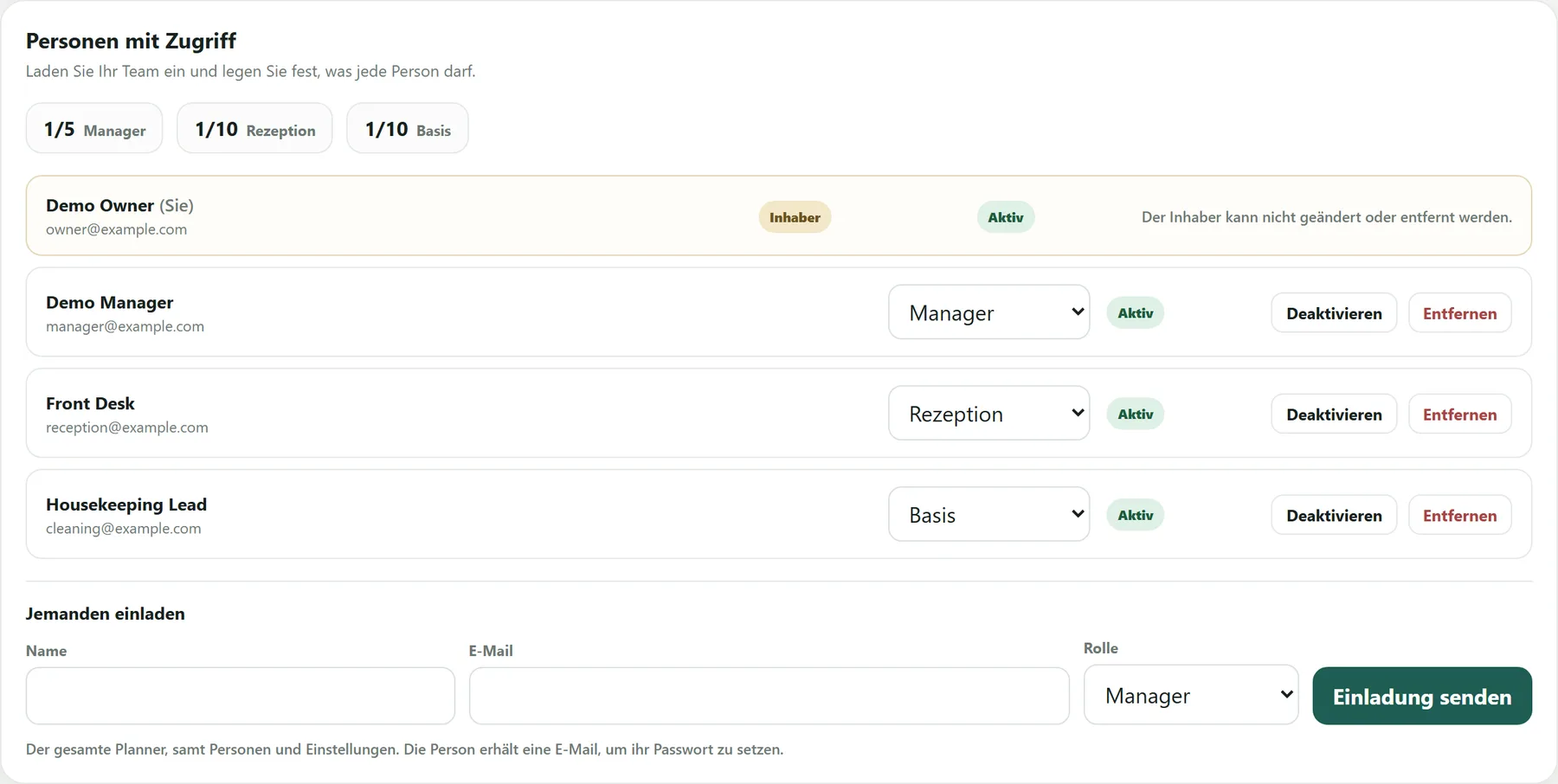 Team-Rollen in MAXORI Booking Planner