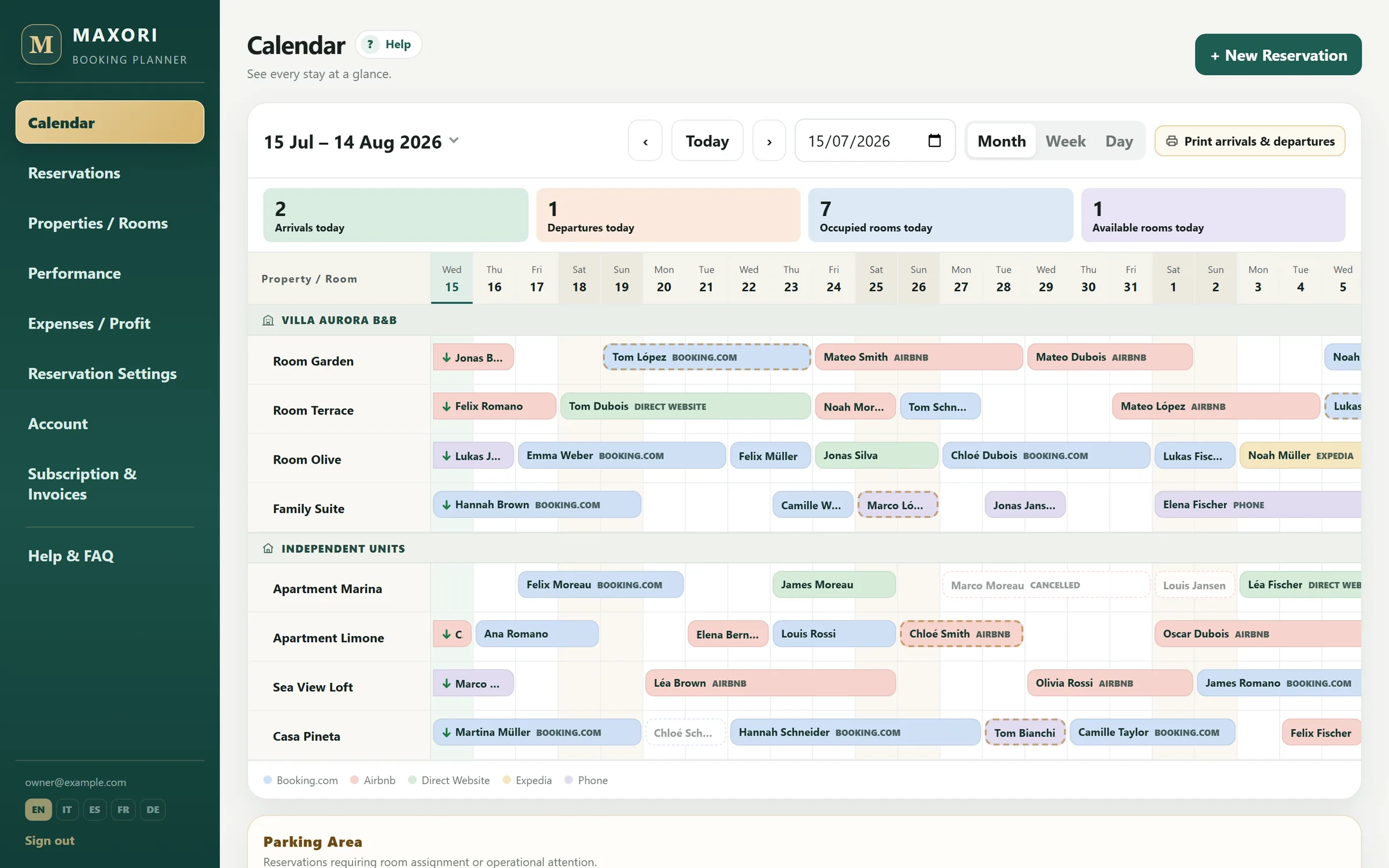 MAXORI Booking Planner calendar with rooms, stays coloured by booking channel and today's arrivals