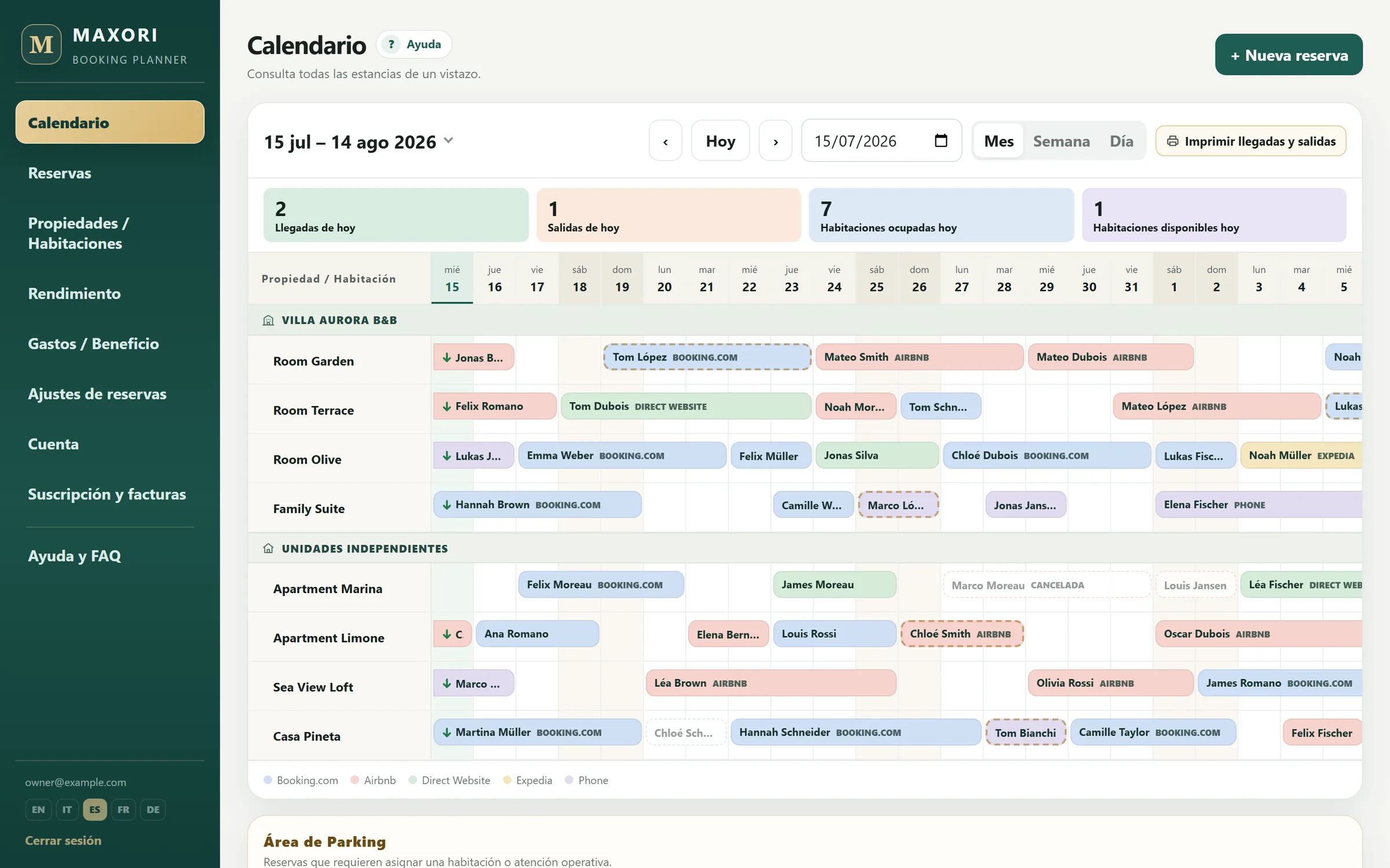Calendario de MAXORI Booking Planner en vista Mes: habitaciones agrupadas por establecimiento, estancias coloreadas por canal y llegadas y salidas de hoy