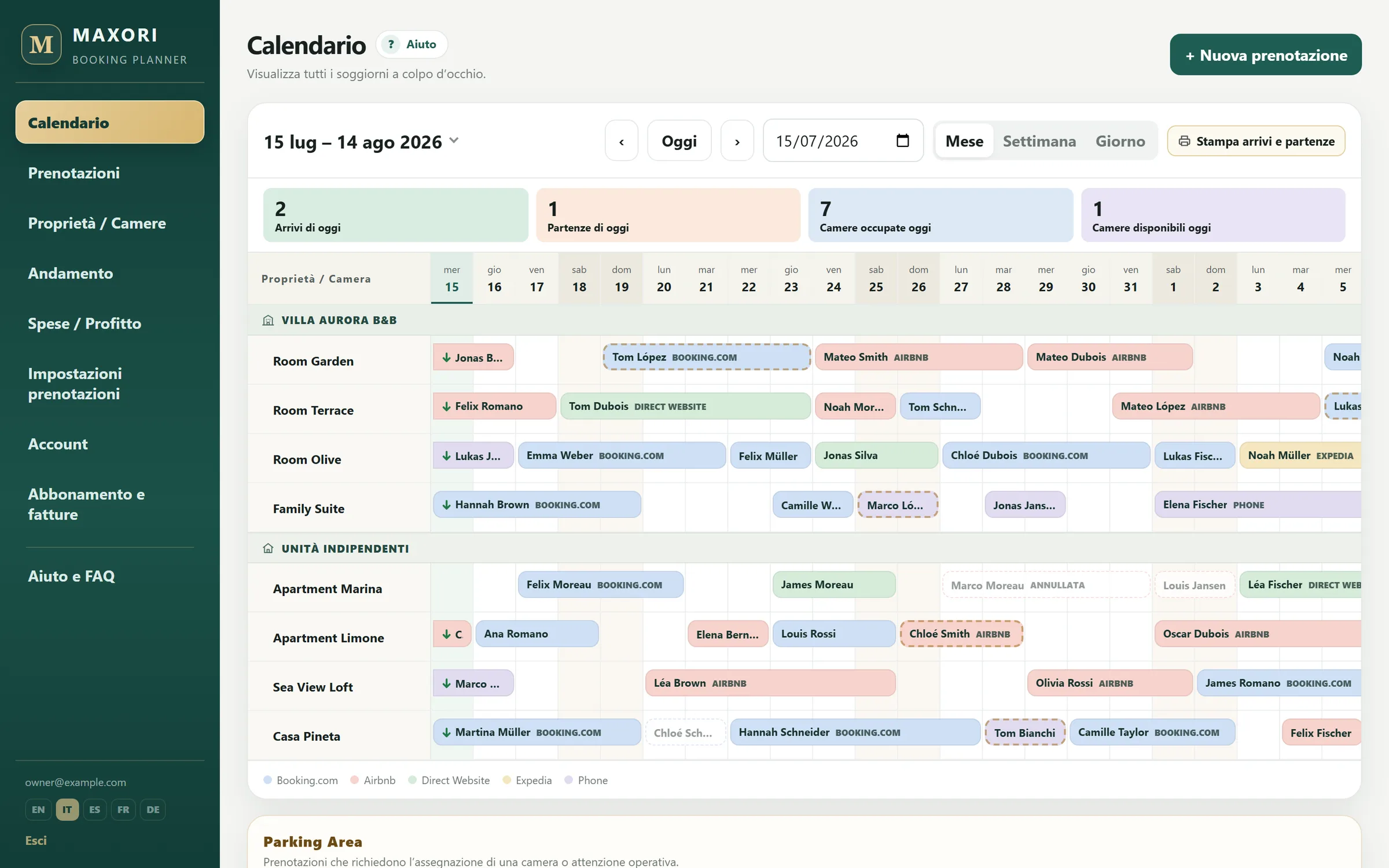 Calendario di MAXORI Booking Planner in vista Mese: camere raggruppate per struttura, soggiorni colorati per canale e arrivi e partenze di oggi